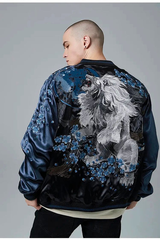 Midnight Guardian: Sakura Roar Embroidered Bomber